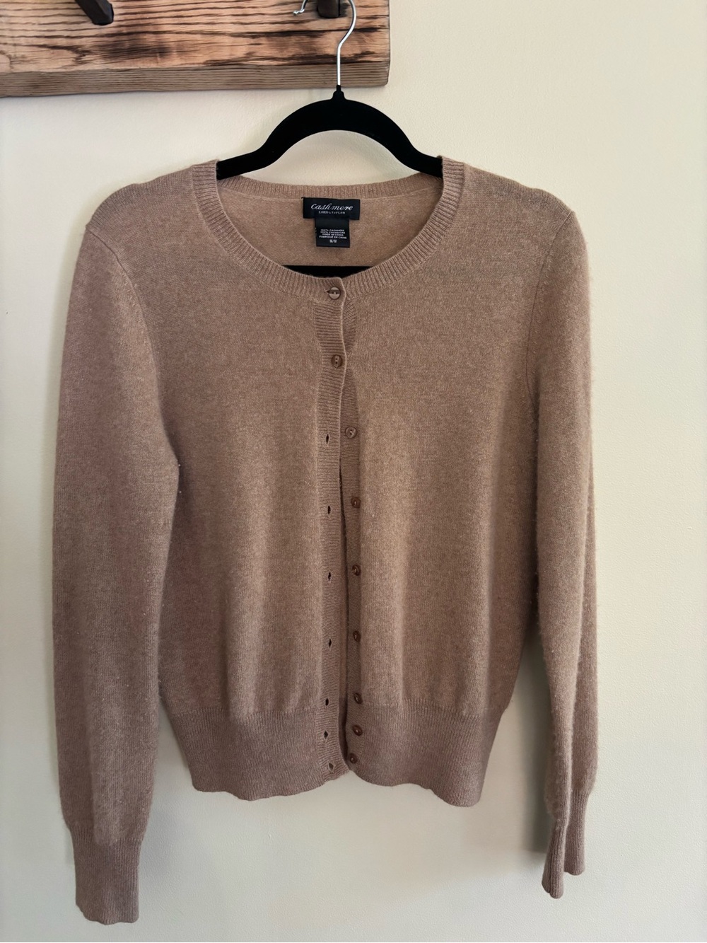 20.) Cashmere Crewneck Button-Front Cardigan - Taupe